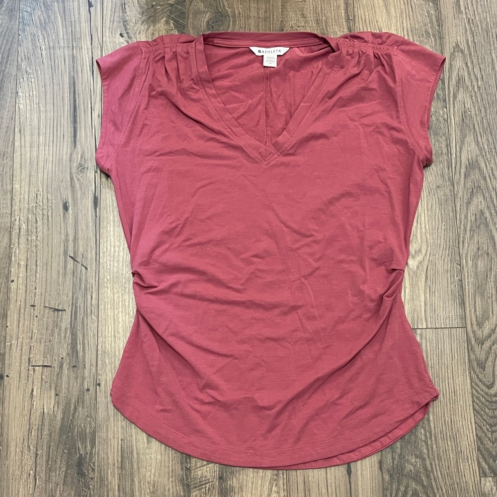 Athleta Womens Rose Clay V-Neck Cap Sleeve Ruched Side Active Top Size Medium